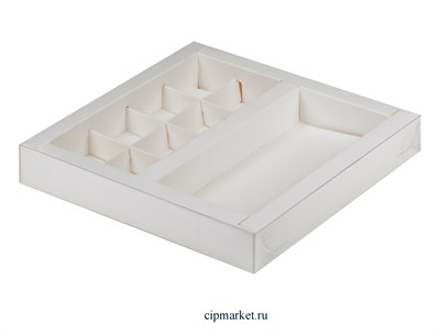 Коробка для конфет Белая с прозрачной крышкой на 8 конфет 20х20х3 см+для шоколадной плитки 16х8 см - фото 10321