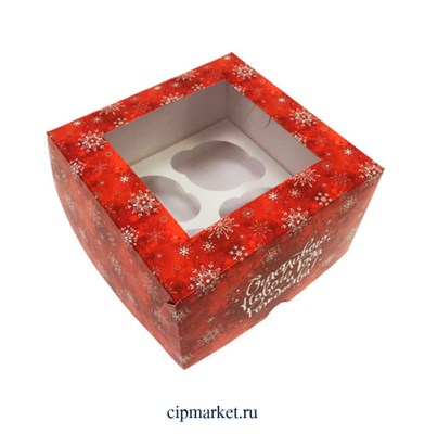 Коробка на 4 капкейка с окном Красная "Снежинки". Размер: 16 х16 х10 см - фото 10405