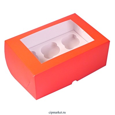 Коробка на 6 капкейков с окном Алая. Размер: 25х17х10 см - фото 10507