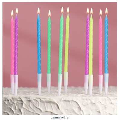 Свечи для торта "Неон" 14 см 10 шт с подставкой, разноцветные - фото 11727