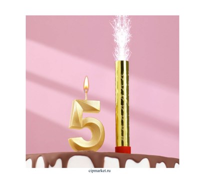 Свеча для торта цифра "Грань + фонтан" золотая "5" - фото 11932