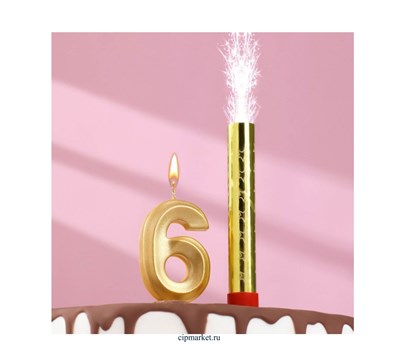 Свеча для торта цифра "Грань + фонтан" золотая "6" - фото 11933