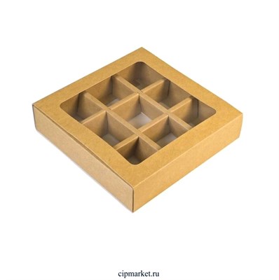 Коробка для конфет с окном на 9 конфет Крафт. Размер: 14*14*4 см. - фото 11939