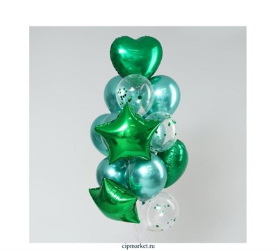 Букет из шаров «Хром», фольга, латекс, с конфетти, цвет зелёный, набор 14 шт. - фото 12085