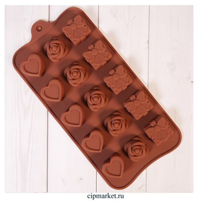 Форма для шоколада Сердце, роза и подарок 15 ячеек. Размер: 21*10,5 см. - фото 12260