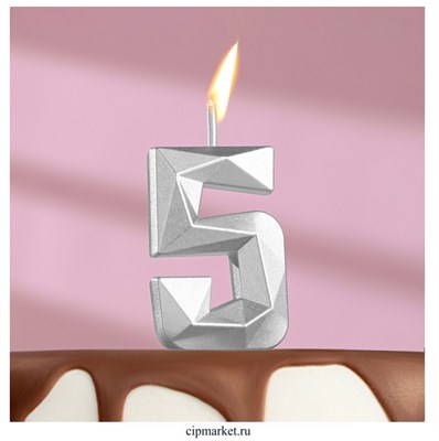 Свеча в торт цифра "5" Серебро. Высота 13 см - фото 12431