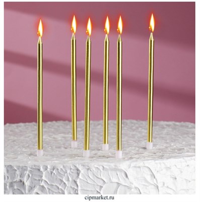 Свечи в торт "Металлик" 14 см, 6шт с подставкой, золотистые - фото 12487