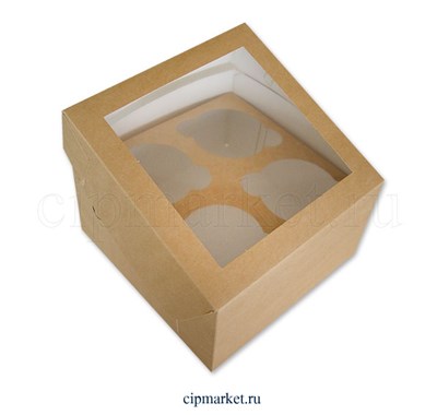 ОПТ     Коробка на 4 капкейка с окном  Крафт . Размер: 16х16х10 см - фото 12539