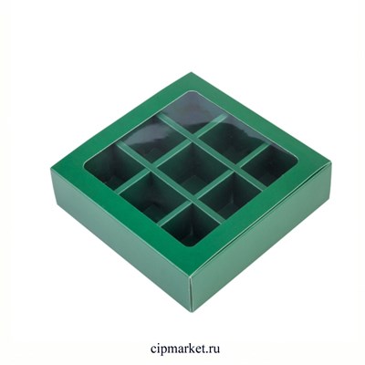 Коробка для 9 конфет  Зелёная с окном. Размер 13,5*13,5*3,5см - фото 12609