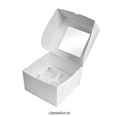 Коробка на 4 капкейка Белая с окном. Размер: 16 х 16  х 10 см - фото 9560