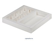 Коробка для конфет Белая с прозрачной крышкой на 8 конфет 20х20х3 см+для шоколадной плитки 16х8 см