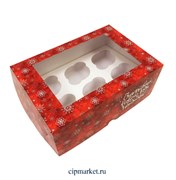Коробка на 6 капкейков с окном Красная "Снежинки". Размер: 25 х17 х10 см