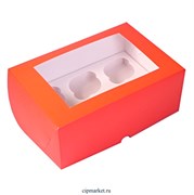 Коробка на 6 капкейков с окном Алая. Размер: 25х17х10 см