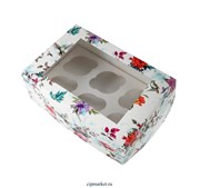 Коробка на 6 капкейков с окном "Цветы ассорти"